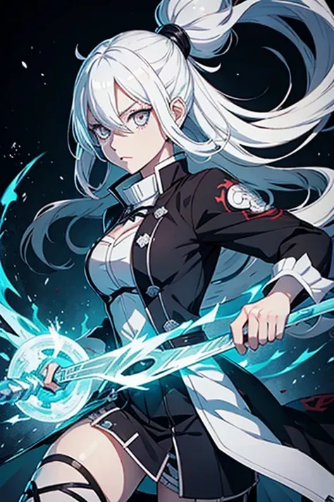 white hair woman, ice powers , Demon Slayer Oni Appearance, drawing style same as Kimetsu no Yaiba.