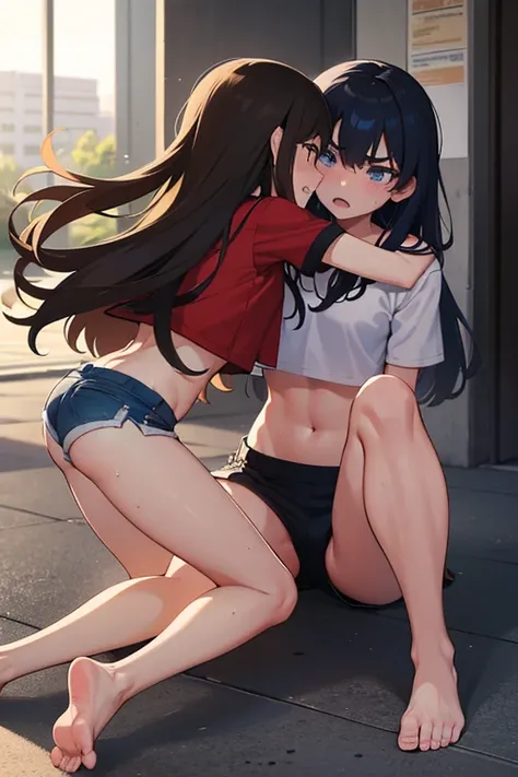 Two girls fighting hard, hugging each other on the school floor, both wearing crop tops and tiny shorts, both have long hair, are barefoot, are angry at each other and sweaty.