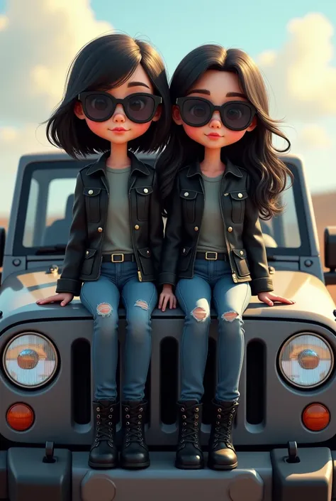 Two girls sitting on the hood of a gray jeep dressed the same in a black jacket, military-style jeans, military boots, black sunglasses, one with straight black hair, fine features, the other girl with long curly hair, chubby cheeks and thick lips with a D...