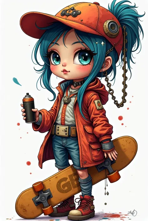 PAINTING ILLUSTRATION POSTER of a beautiful steampunk girl, doll-like big-eyed glasses, steampunk, HIP HOP, eye-catching, . punk compositions DRESSED IN HIP HOP, GRAFFITI ARTIST, SPRAY CAN IN HAND. SKATEBOARD IN OTHER HAND. in the style of colorful wood ca...