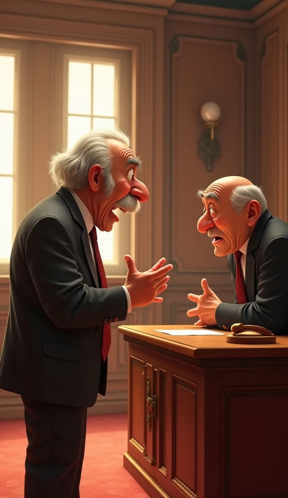 A pixar style of an upset old man talking to a judge at court 