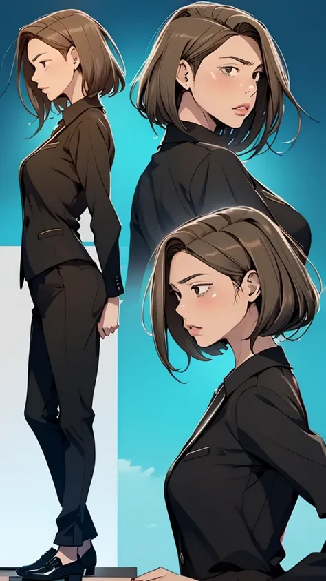 A woman, 20 years old, office suit, various angles, (front, back, side), character sheet, model sheet, reference sheet.Brown Hair, Medium Hair, 