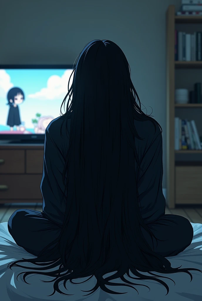  male character with long black hair covering his entire face with head down sitting on the bed watching cartoon black clothes emo style