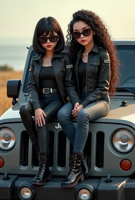 Two girls sitting on the hood of a gray jeep dressed the same, black jacket, military-style jeans, military boots, black sunglasses, one with straight black hair, fine features, the other girl with long curly hair, chubby cheeks and thick lips with a Disne...