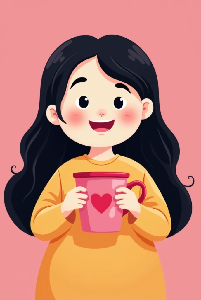 create a cute cartoon chubby woman from the front with long black hair with a pink mug with a heart in her hand,  with pink background 
