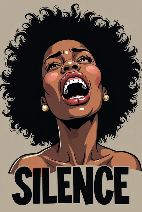 "A serious, cartoon-style image of a black woman with her mouth wide open in a scream, her face displaying intense emotion and frustration. The art style is bold but with a more subdued tone, using sharp lines and darker colors to convey the seriousness of...