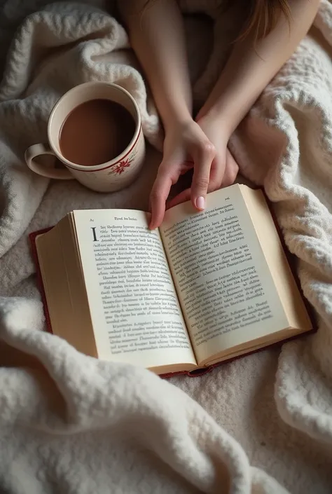 image of a book where we see the thin arms of the reader with a hot chocolate next to her and a blanket, the view of the book must be from above