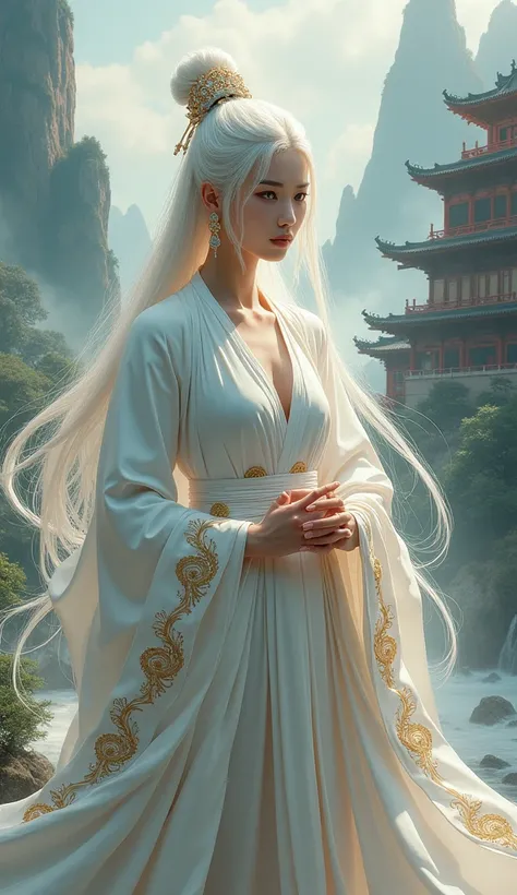 Create a character murim, He has white hair., white eyes, wears a white robe with gold details,Chinese