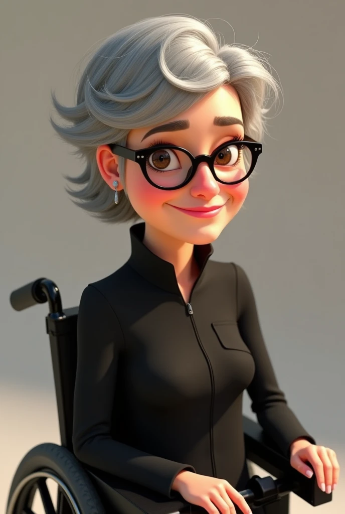 Pixar Woman Animation, 60 years old with short gray hair with some dark brown strands and light brown eyes, with black glasses and pink lipstick and black clothes and black boots, sitting in the motorized wheelchair 