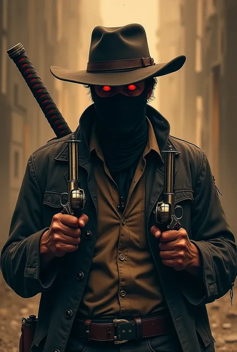 A man with red, sunken eyes, a mask covering your mouth and nose, a revolver in each hand and a katana on his back dressed in traditional shabby western attire.