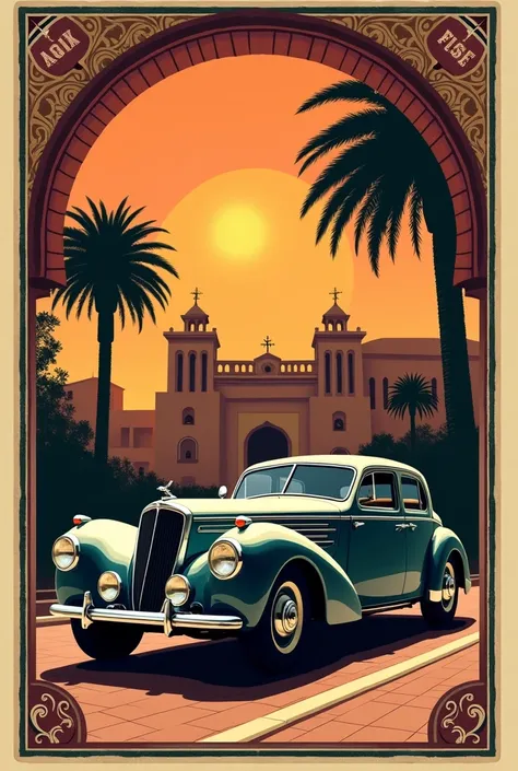 A Canva with vintage vibe with vivid colours. A car from 1940 next to a riad with palm trees, a sun set and zellij tiles. At the top of the canva, in retro letter, written: Casablanca followed by Morocco below it.