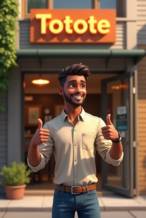 a man outside a restaurant called TOTOTE, The gentleman is dark-skinned, He wears a simple shirt and jeans. He is happy and makes a like with his hands