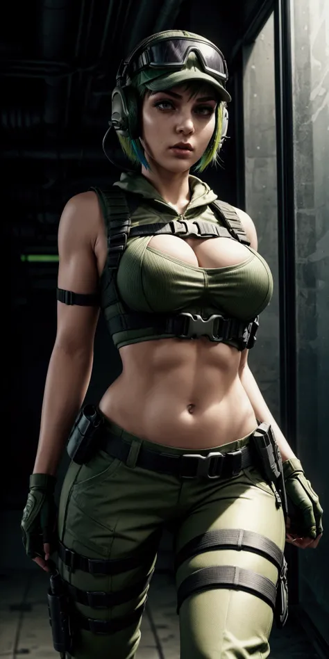 ela rainbow six siege, green short hair, cap, tactical headphones, belts, straps, tight cloth, sexy pose, pockets on the cloth, thin narrow waist, big sexy breasts, yoga military pants, googles, tactical gloves, headset,