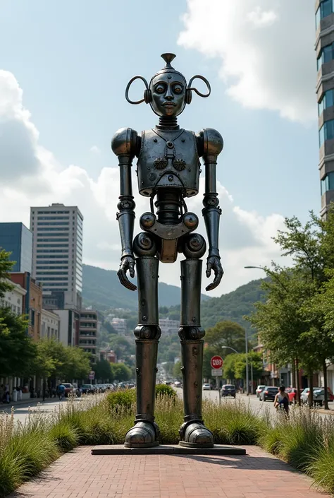 Rebuild the Tin Man statue in Mogi das Cruzes, exchanging the bandeirante for a tin indigenous man, and place the statue in a location that is a little urban and a little rural, both at the same time


