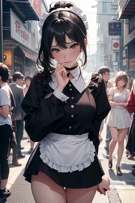 ((Best Quality、High resolution、8k、masterpiece:1.3))、1 、Unparalleled beauty、Ultimate beauty、Highly detailed face、Delicate eyes、Red cheeks、Crying in grief、Sexy look、Written boundary depth、Particles of light、Side light、((Black Hair、ponytail、Maid、No pants))、To...