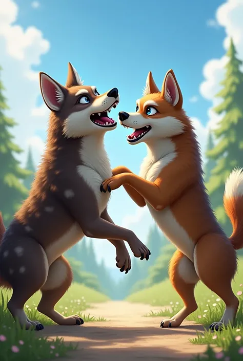 A brown husky with blue-sky eyes playing with a hyena with realistic stile 