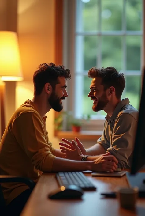 Create a miniature of two young men chatting via video call on the computer
