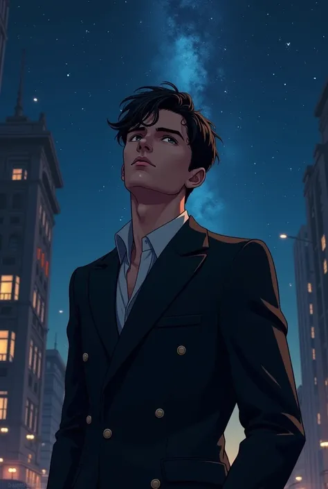 A handsome man around 20 without beard or moustache, with hazel eyes and black messy fringe hair style wearing a black suit standing in a city staring at the dark beautiful night sky with full body picture