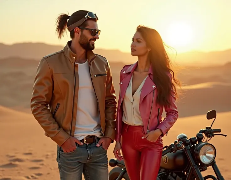 A 6.2 feet tall, handsome man with an athletic build, long hair tied in a small ponytail, wearing a camel leather jacket over a white shirt, aviator sunglasses, and pilot headgear, stands beside his black Harley Davidson Fat Bob motorcycle, which is parked...