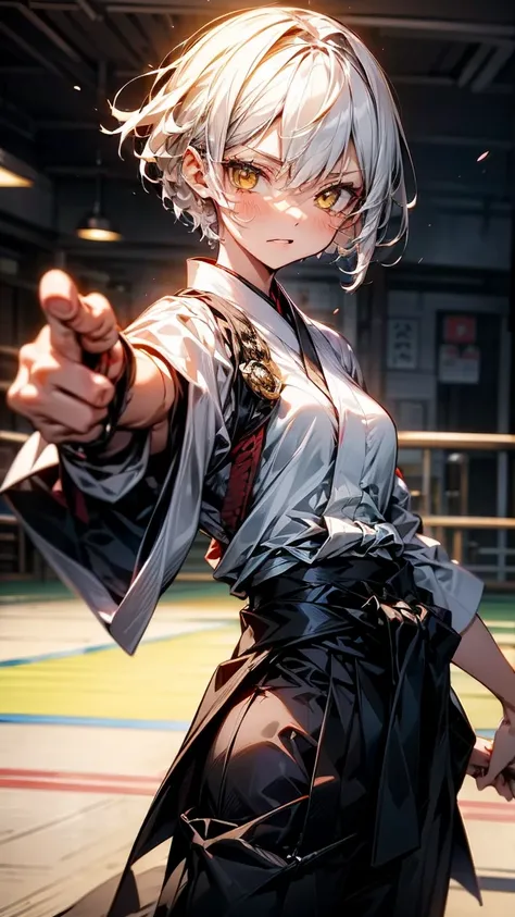 A karate fighter girl, 1. She has short white hair, and intense yellow eyes. She is wearing a white Kimono with black Japanese writings., a black belt around the waist and white kimono pants. She is in a modern Japanese fighting gym. (((SFNW blocked)))