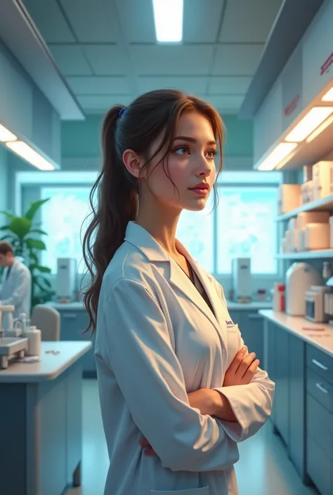 I want an image of a girl imagining herself in a nursing laboratory and this girl is wearing a white coat