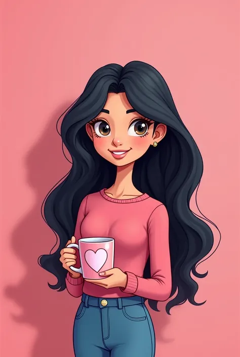 create a not very thin cartoon woman with long black hair with a pink mug with a heart in her hand,  with pink background 
