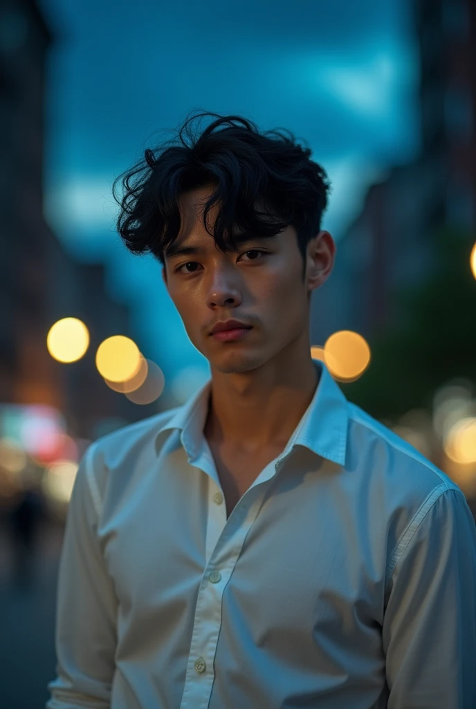 A handsome man around 20 without beard or moustache, with hazel eyes and black messy fringe hair style wearing a white shirt standing in a city staring at the dark beautiful night sky with full body picture as a book cover