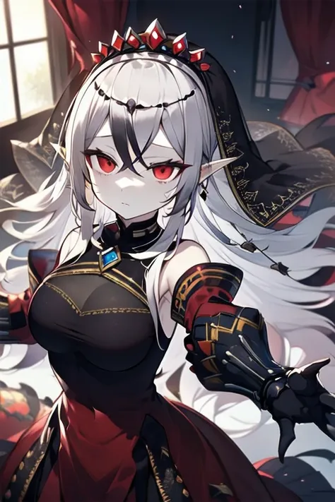 masterpiece, super details, best quality, blazingcartesia, pale skin, white hair, chest is covered with black silk, Hair ornaments, gauntlets, red dress, detached sleeves, bare shoulders, black veil, expressionless, (reaching out),