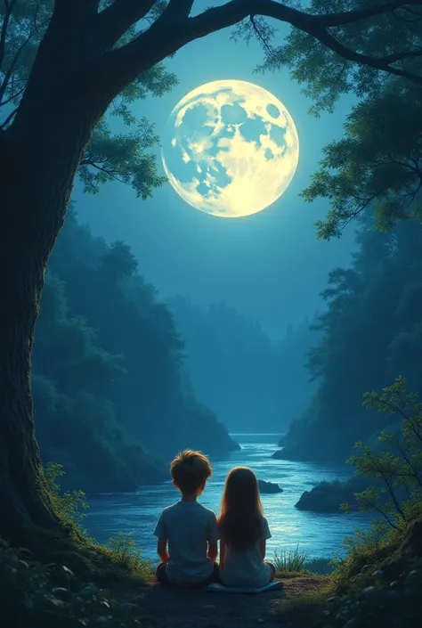 A boy and a girl sitting by a river in the middle of the forest watching the bright moon 