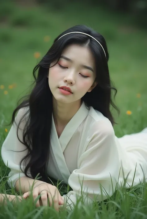 Beuatiful korean girl lying on the grass, wearing white vintage blouse, black long hair, small headband