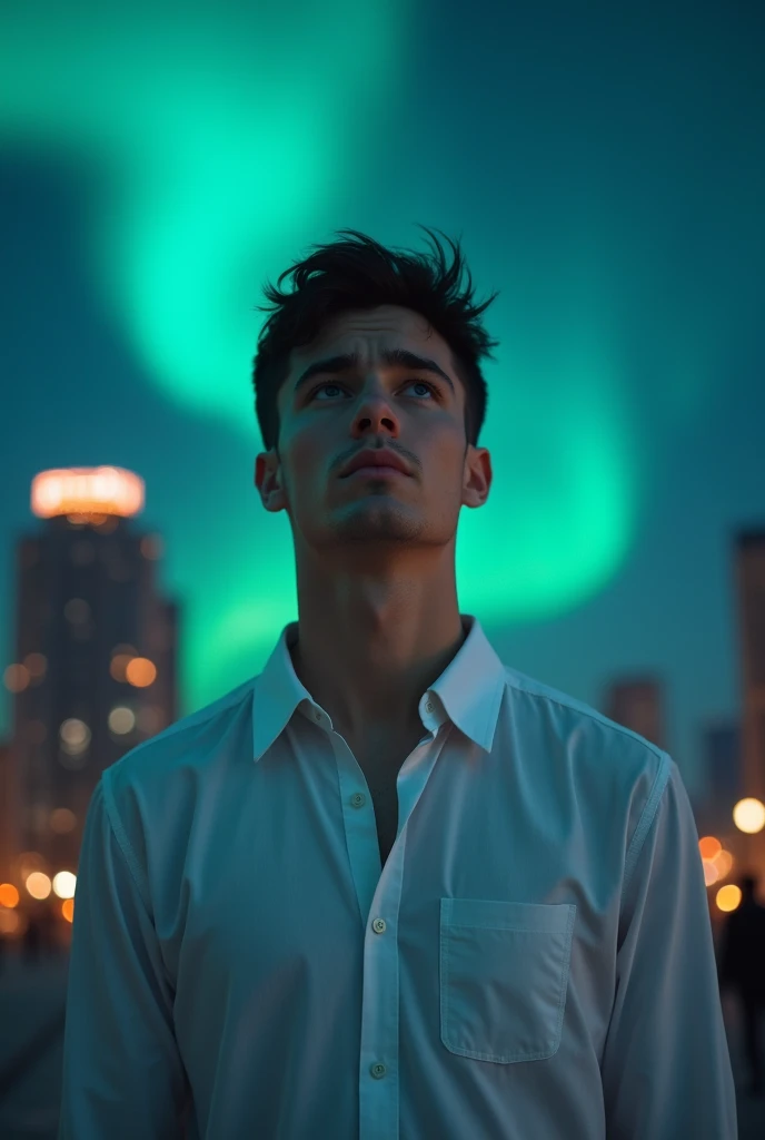 A handsome man around 20 without beard or moustache, with hazel eyes and black messy fringe hair style wearing a white shirt standing in a city staring at the dark beautiful night sky with aurora with full body picture landscape