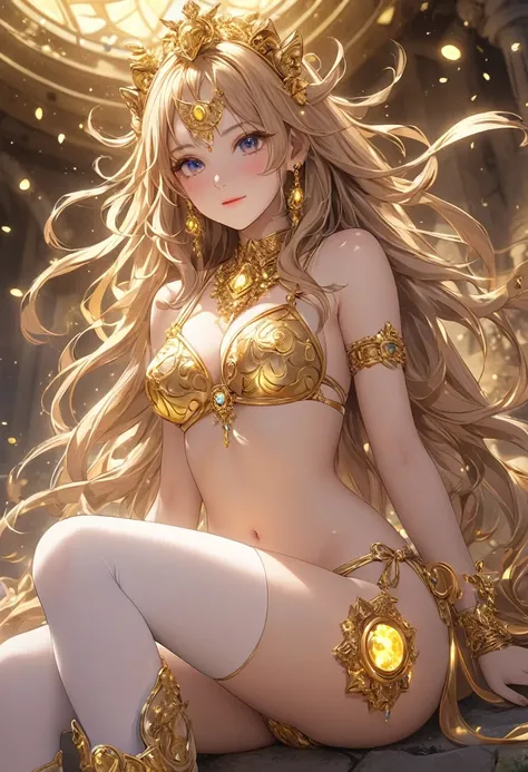 incredibly absurd,A rare feat,gold-metallic fractal isometrics details bioluminescence-gold side-tie-bikini a lot of Leo accessories holds the Leo artifacts Leo symbol,Create a shynessembarrassed scene of a lovely-Leo-adorabledurga is personified Leo fight...