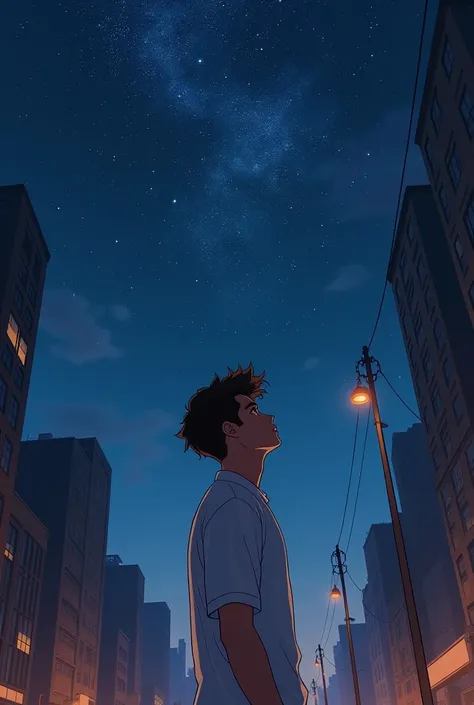 A handsome man around 20 without beard or moustache, with hazel eyes and brown messy woflcut hair style wearing a white shirt standing in a city staring at the dark beautiful starry night sky with full body picture landscape