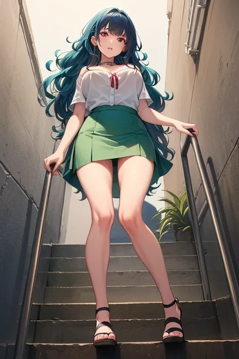 ((The best quality)), ((masterpiece)), (detailed),(4k), 1 girl, ((with a green miniskirt)),(( white strappy blouse)),(big breasts), ((Long hair)), (Wavy Hair</input></xml>),((blue hair)), ((red eyes)),(bragas beige), (2), ((going down stairs)),((Looking at...