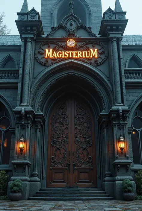 an imposing gothic building, with a dark stone facade and wrought iron details. The entrance is marked by large carved wooden double doors, adorned with arcane symbols and mystical runes. Above the entrance, an elegant sign with the name “Magisterium” in s...