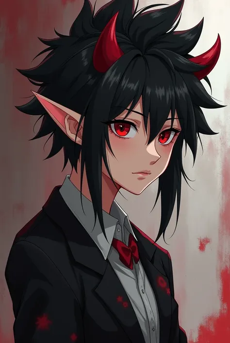 Make an anime style girl with black spiky hair, devil horns, dark eyes, elf ears but look tough, make him show his ass