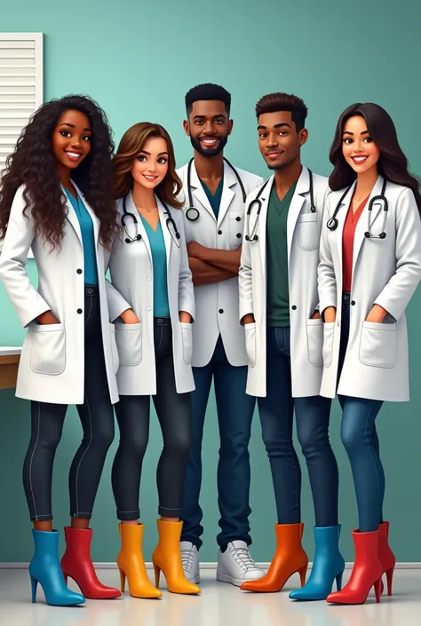 Create an image with 6 medical students ( as described below)  everyone must wear a lab coat and colorful plastic boots with a high heel and a pointed toe.
Student 6: lady over 50 years old, white, short dark brown hair, wearing black framed glasses.
Stude...