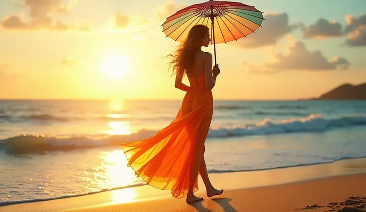 A stunning woman, bathed in golden sunlight, walks gracefully along a pristine beach. The sand beneath her feet glistens with flecks of gold, while the blue waves of the ocean gently lap at her feet. She wears a vibrant, flowing sundress that billows in th...