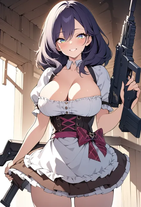 ((masterpiece)), (((best_quality))), ((ultra-detailed_illustration)), solo, beautiful_detailed_glow, beautiful_detailed_eyes, large_breasts, beautiful_detailed_girl, ((huntress:2, holding_assault_rifle:2, dirndl, short puffy sleeves)), (smile, looking_at_v...