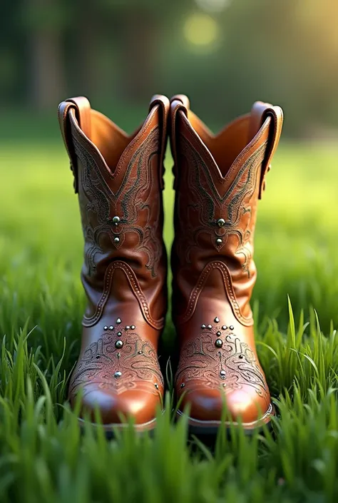 Western Style Stud Embroidered Boots On The Grass