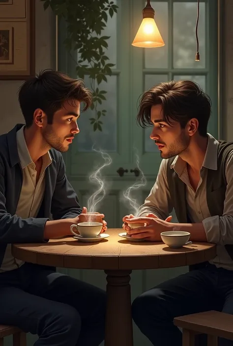 A young man talking about philosophy with his friend in a table with tea and cigerate. 
