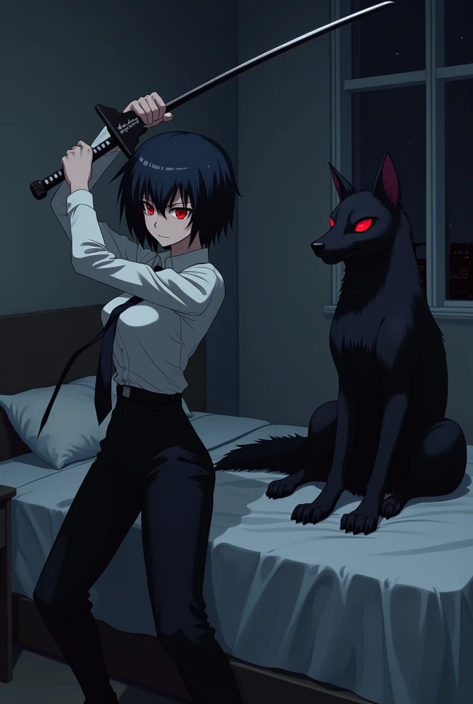 An 1 anime girl with short black hair and red eyes with sharp and serious features wearing a white shirt, a black tie and black pants holding a sword and waving it in her room to train at night and sitting on her bed is a black monster the size of a dog wi...