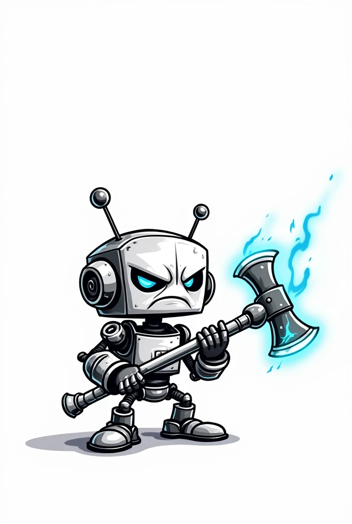 A black and white cartoon of a cute but amgry short robot with short arms and legs holding a blue glowing double bladed axe in a full white background