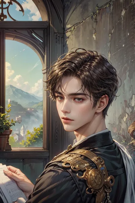 ((Best quality)), ((masterpiece)), (detailed), ((perfect face)), ((halfbody)) "Captivate the View: A Handsome Prince Reflecting on Lifes Transitions from His Comfortable Window Perch of the cathedral", dark brown curly hair 