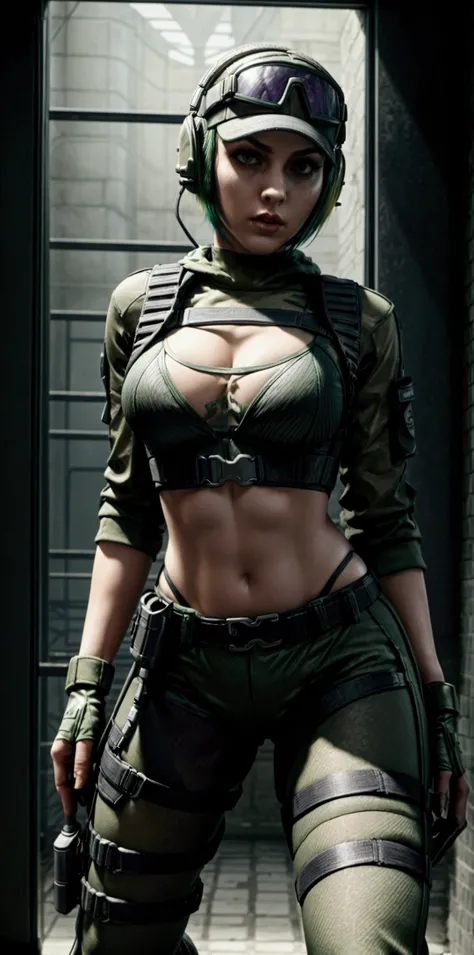 ela rainbow six siege, green short hair, cap, tactical headphones, belts, straps, tight black cloth, sexy pose, thin narrow waist, big sexy breasts, yoga military microshorts, googles, tactical gloves, headset, shirt