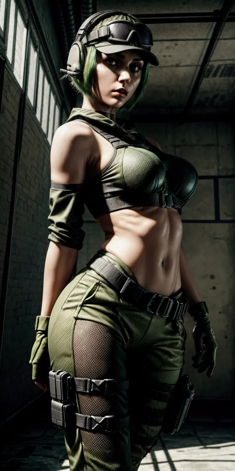 ela rainbow six siege, green short hair, cap, tactical headphones, belts, straps, tight black cloth, sexy pose, thin narrow waist, big sexy breasts, yoga military microshorts, googles, tactical gloves, headset, shirt