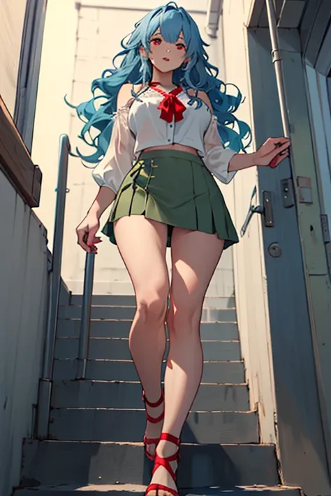 ((The best quality)), ((masterpiece)), (detailed),(4k), 1 girl, ((with a green miniskirt)),(( white strappy blouse)),(big breasts), ((Long hair)), (Wavy Hair</input></xml>),((blue hair)), ((red eyes)),(bragas beige), (2), ((going down stairs)),((Looking at...