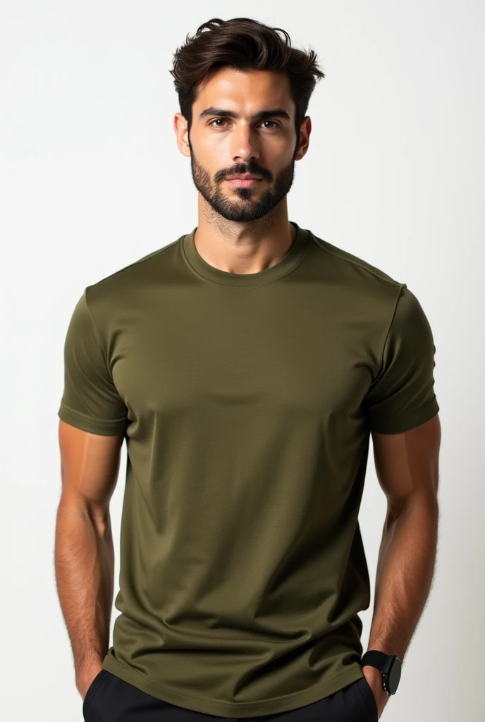 Olive green Polo neck old school type formal textured tshirt wearing male model standing infront of simple white background, half photo, front facing, satin fabric