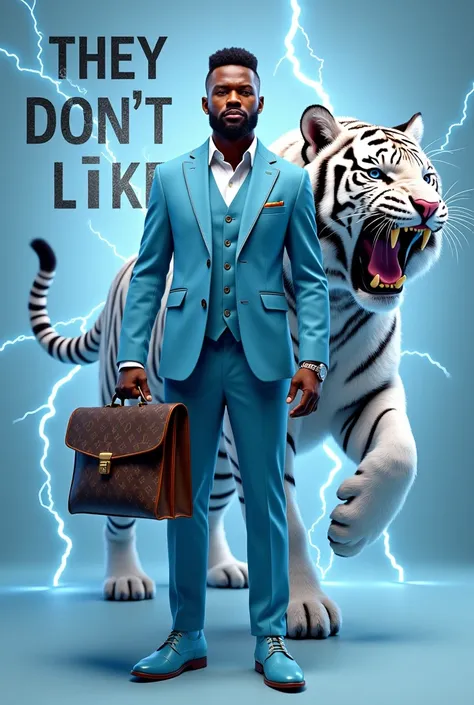 African American man in a baby blue and gold three piece suit, Louis Vuitton briefcase, dress shoes in baby blue colors, with a conceited and confident face expression, he’s looking at his Rolex watch blue splash background, phrase they dont like us in bab...