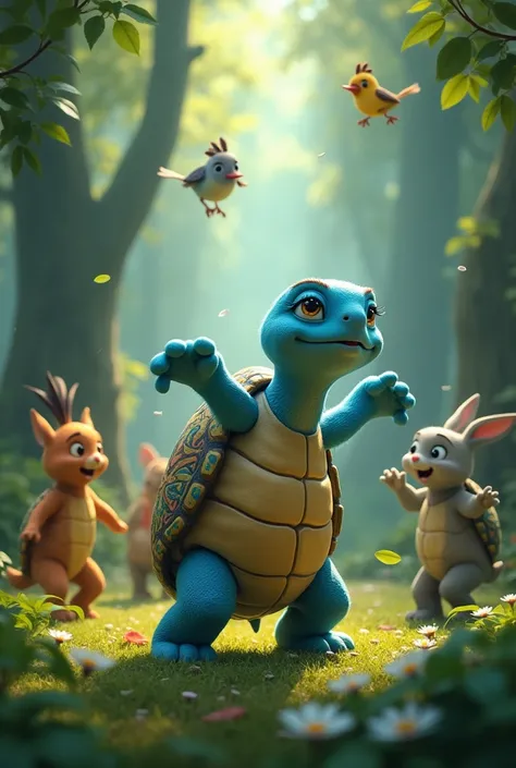 Blue turtle with animated shell in a forest with a bird a big elephant and a rabbit all dancing and singing 